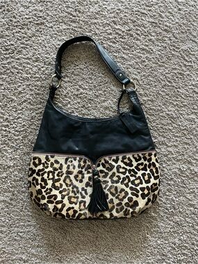 Aqua Madonna Black Calf Leather Hair Leopard Print Large Shoulder Bag
